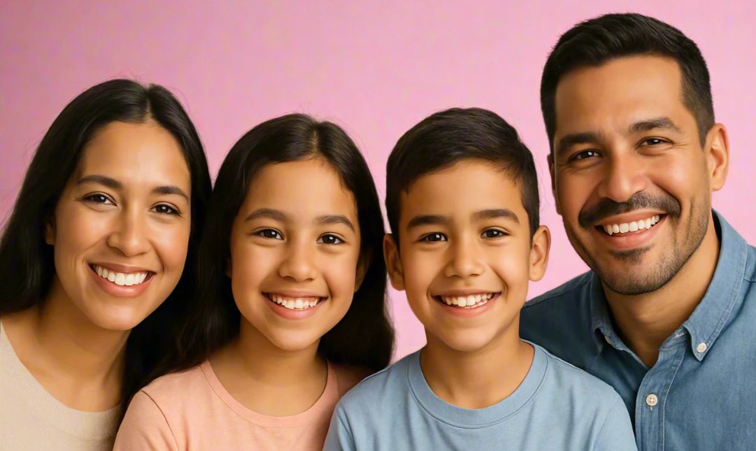 Create an image with a family of 4, 2 kids and 2 adults, with a hispanic heritage look. Need all 4 to be next to each other so I can fit them in the image banner size required by the shopify template